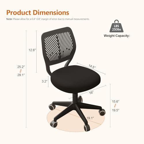 JPBSTO Armless Desk Chair, Height Adjustable Swivel Office Rolling Task Chairs with Soft Mesh Padded Cushion, Ergonomic Small Study Computer Chair for Girls Boys Teens, Black - color: All Black