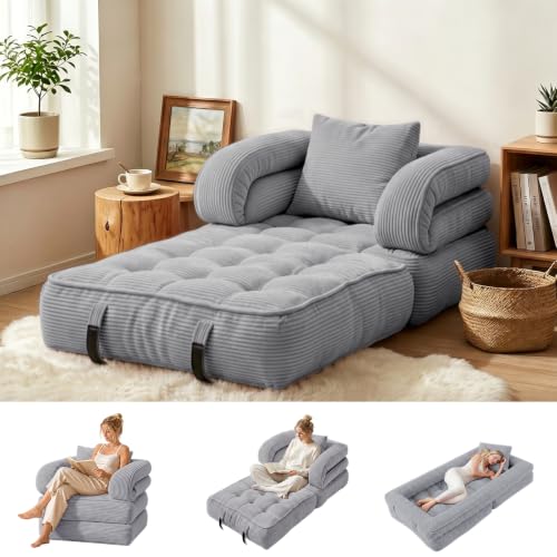 Folding Sofa Bed, Convertible Sleeper Chair with Armrests for Adults, Foldable Corduroy Boneless Bed, 3-in-1 Portable Futon Couch Floor Sofa with Pillow for Bedroom, Living Room, Gray - color: Grey