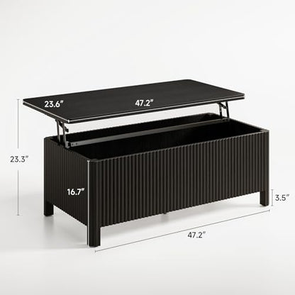 Fluted Lift Top Coffee Table with Storage, Mid Century Modern Coffee Table with Hidden Compartment, Rising Top Wood Center Table for Living Room, Home Office, Rounded Edges (Black) - color: Black