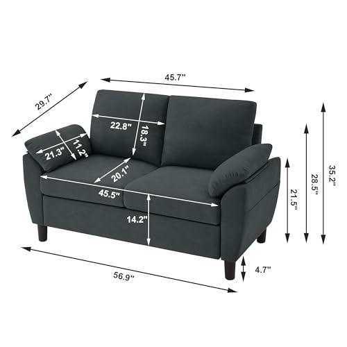 Small Loveseat Sofa, 57" Mid Century Modern Love Seat, 2 Seater Couches for Living Room, Bedroom, Small Spaces, Dark Grey - color: Dark Grey
