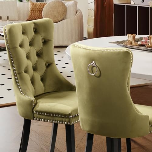 Velvet Upholstered Dining Chairs Set of 4, Modern Style Kitchen Side Chairs with Nailhead Trim and Wood Legs,Metal Pulling Ring for Dining Room Living Room(Olive Green,Set of 4) - color: Olive Green, size: Set of 4