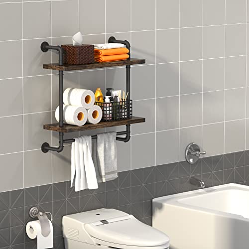 Helsin 24inch Industrial Pipe Shelving Bathroom Shelves Wall Mounted with Towel bar, 2 Tier Rustic Wood Floating Shelf, Metal Towel Rack Wall Shelf for Home & Bathroom (Brown, 24inch) - color: Brown, size: 24inch