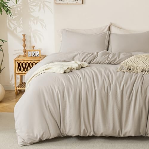 MILDLY Duvet Cover Queen Ultra Soft Comforter Cover Set 3pcs, Linen Grey | Washed Microfiber Cotton-Like, Breathable Comfort, Hidden Zipper, 8 Corner Ties, OEKO-TEX Certified, Fade Resistant - color: 01 - Oatmeal (No Comforter), size: Queen (90"x90")