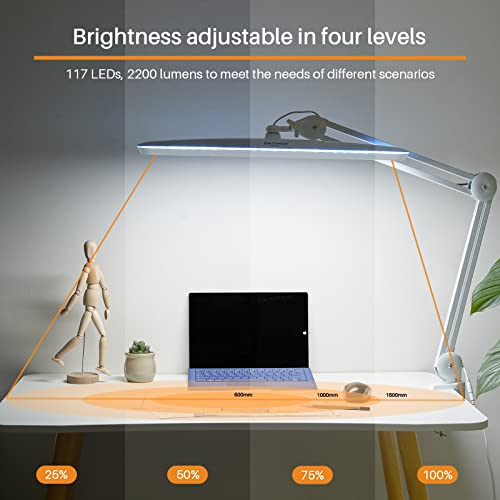 Task Lamp with Clamp, Bright 117PCS LEDs, Metal Swing Arm 24W 2200 Lumen Dimmable Led Desk Lamp for Architect Home Office Study Reading Dorm Workbench Craft, 23 Inch Working Lamp(White) - color: White