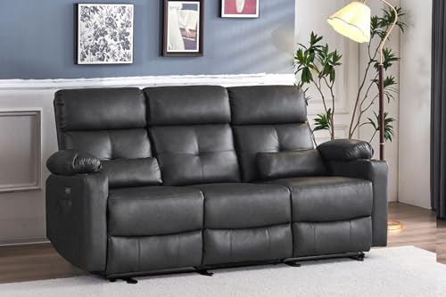 Power Reclining Sofa with Heat and Massage, Electtric Reclining Couch with Extended Footrest, Recliner Sofa 3 Seater with USB Ports, Cup Holders for Living Room, Home Seating - color: Black&grey, size: Sofa
