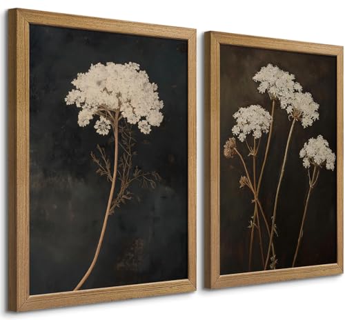 Framed Moody Botanical Wall Art Set of 2, Vintage Wildflower Canvas Prints,Rustic Dark Academia Floral Pictures for Bedroom Living Room Office, 12x16 Inch - color: Dark Botanical, size: 16"L x 12"W