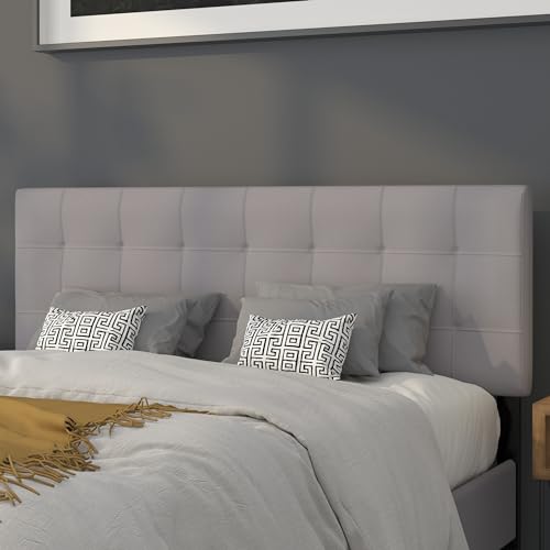 EMMA + OLIVER Light Gray Queen Quilted Tufted Headboard | Adjustable Bed Rail Slots, Fabric Upholstered - color: Light Gray, size: Queen