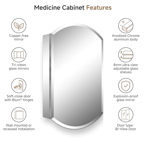 20"x32" Oval Bathroom Medicine Cabinet with Mirror, Reversible installation | Recessed or Surface Mount Medicine Cabinets with Adjustable Glass Shelves, Soft-Closed Hinge, Chrome Aluminum Frame - size: 20" x 32"