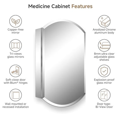 20"x32" Oval Bathroom Medicine Cabinet with Mirror, Reversible installation | Recessed or Surface Mount Medicine Cabinets with Adjustable Glass Shelves, Soft-Closed Hinge, Chrome Aluminum Frame - size: 20" x 32"