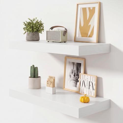 32 Inch Floating Shelves, 12'' Deep White Shelves for Wall Set of 2 | Invisible Brackets, Engineered Wood, Mounting Hardware Included, 40LBS, Bathroom, Laundry Room, Kitchen, Living Room - color: White, size: 32W x 11.6D x 2H, 2 Pack