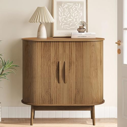 Small Sideboard Buffet Cabinet with Storage & Sliding Doors, 31" (Walnut) | Adjustable Shelf, Coffee Bar Cabinet, Modern Buffet Table, for Kitchen, Dining Room, Living Room, Oval, Wooden Legs - color: Walnut