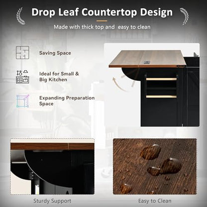 Kitchen Island, Rolling Kitchen Cart with Power Outlet | Built-in power outlet, 2 AC outlets and 2 USB ports, easy charging for coffee maker, juicer, toaster, or devices - color: Black + Particle Board+mdf