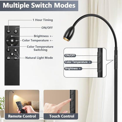 Reading Floor Lamp, 72" LED Dimmable Lamp with Gooseneck,Zoomable Spotlight | Adjustable Color Beam Standing Lamp, Touch & Remote Control, for Task Craft, Sewing, Bedroom Living Room, Office, Matte Black - color: Matte Black