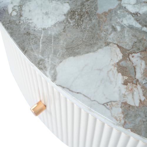 JUSTONE Modern Round White & Gold Coffee Table with Drawers,Drum Coffee Table with Golden Legs Circular Center Table with Marble Pattern Top for Living Room Apartment Office-White - color: 31.5'' - Off White