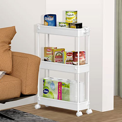 Slim Storage Cart 3 Tier,Bathroom Organizer Rolling Utility, Mobile Shelving Unit Slide Out for Office, Kitchen, Laundry Room & Narrow Places,White - color: White