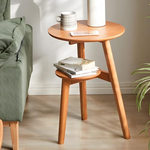 Side Table, 2-Tier Round End Tables Living Room, Mid Century Modern Side Table, Round Nightstand, Oak Accent Table, Small Round Coffee Table, 16.54" Dia.x 23.62" H(Natural) - color: Natural
