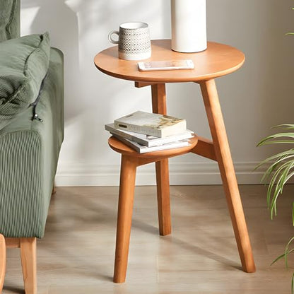 Side Table, 2-Tier Round End Tables Living Room, Mid Century Modern Side Table, Round Nightstand, Oak Accent Table, Small Round Coffee Table, 16.54" Dia.x 23.62" H(Natural) - color: Natural