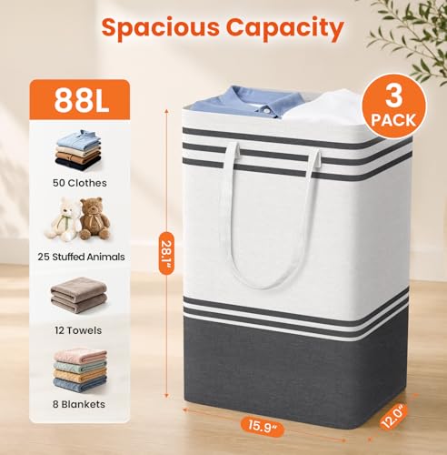 TranquilRelax 3-Pack Laundry Basket, Laundry Hamper, Grey-88L | Freestanding＆Water-Resistant Laundry Hamper, Collapsible Tall Clothes Hamper with Carry Handles for Clothes, Laundry Basket - color: Grey, size: 88L