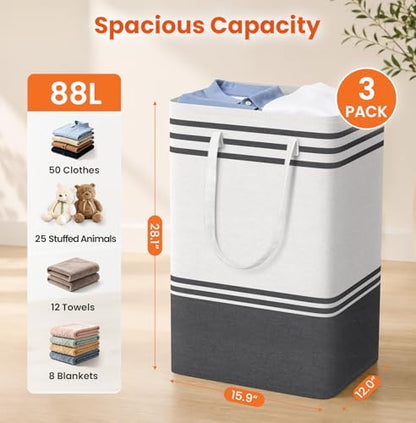 TranquilRelax 3-Pack Laundry Basket, Laundry Hamper, Grey-88L | Freestanding＆Water-Resistant Laundry Hamper, Collapsible Tall Clothes Hamper with Carry Handles for Clothes, Laundry Basket - color: Grey, size: 88L