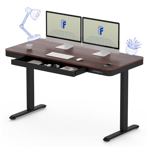 FLEXISPOT Comhar 55" Electric Standing Desk with Storage, Built-in Drawer & USB Charging Ports, Height Adjustable Sit Stand Computer Desk, Quick Assembly, Child Lock, Walnut - size: 55"Dark Walnut/Black