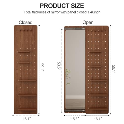 KungFuWood Full Length Mirror with Shelf and Hooks,Entry Way Mirrors for Wall,Wall Mirror with Shelf,Wall Mirror with Storage Multifunctional Design Panel,Living Room - color: Walnut, size: 63"L x 18"W