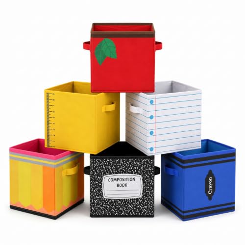 Crtiin 6 Pcs 11in Notebook Pencil Crayon Fabric Storage Bins Colorful Cubby Baskets with Handles Classroom Collapsible Cube Bins for Classroom Daycare Preschool Elementary Must Have (Stationery) - style: Stationery