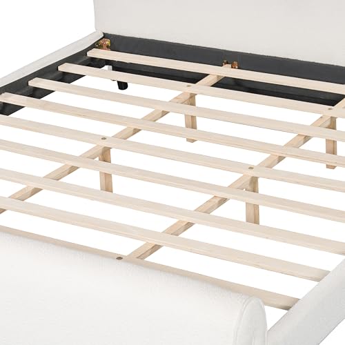 Merax King Size Luxury Bouclé Upholstered Bed Frame, White | Modern Curved Platform Bed with Rounded Headboard & Footboard, No Box Spring Needed, Solid Wood Slats Support, Easy Assembly - size: King