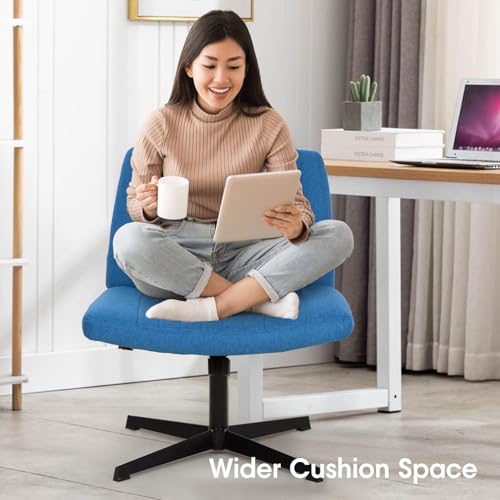 Criss Cross Chair, Armless Cross Legged Office Chair, Comfortable Vanity Chair with Back, Fabric Adjustable Wide Swivel Criss Cross Desk Chair for Home Office, Blue - color: Blue