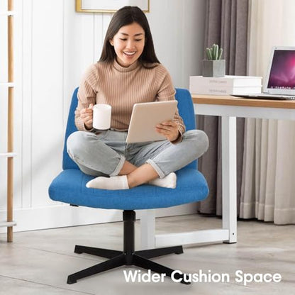 Criss Cross Chair, Armless Cross Legged Office Chair, Comfortable Vanity Chair with Back, Fabric Adjustable Wide Swivel Criss Cross Desk Chair for Home Office, Blue - color: Blue