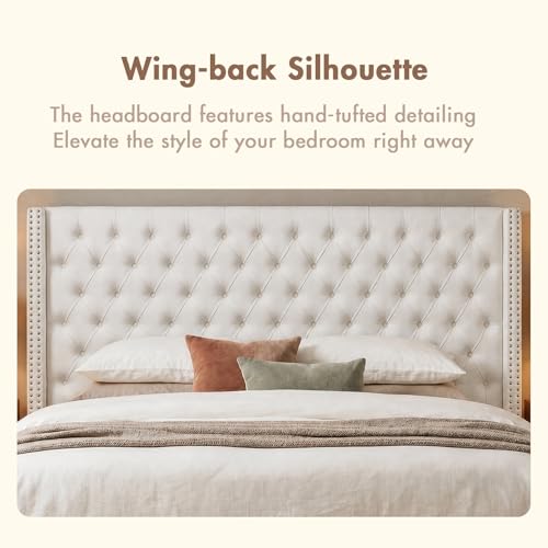 Madison Park King Wingback Upholstered Tufted Headboard, Featuring High-Density Sponge Padding, Adjustable Height Headboard, Easy Assembly, Beige Velvet - color: Beige Velvet, size: King