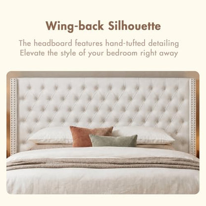 Madison Park King Wingback Upholstered Tufted Headboard, Featuring High-Density Sponge Padding, Adjustable Height Headboard, Easy Assembly, Beige Velvet - color: Beige Velvet, size: King