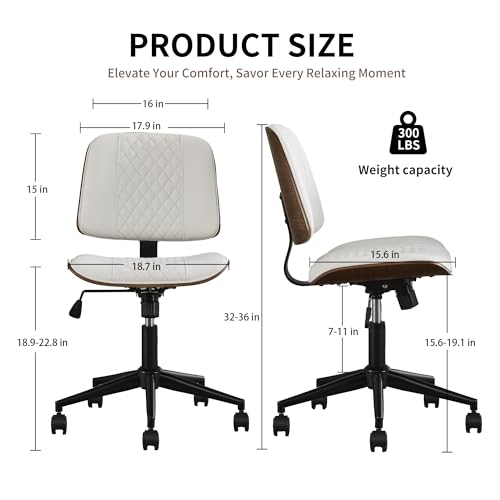 VipDesk Small Home Office Chair - Armless Mid Back Desk Chair with 360° Swivel and Wheels, PU Upholstered Height Adjustable Modern Walnut Computer Chair for Home, Office Meeting Room - White - color: White, size: MCM Style