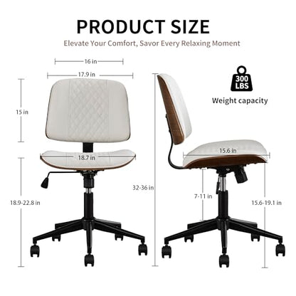 VipDesk Small Home Office Chair - Armless Mid Back Desk Chair with 360° Swivel and Wheels, PU Upholstered Height Adjustable Modern Walnut Computer Chair for Home, Office Meeting Room - White - color: White, size: MCM Style