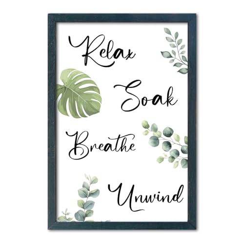 Boho Bathroom Wall Decor Relax Soak Unwind Breathe 11x16 Wood Frame Sign | Botanical wall art with calming green foliage and soothing bath quotes. A natural accent for any spa-like bathroom space. - color: Relax Soak Breathe Unwind (Black), size: 11"L x 1