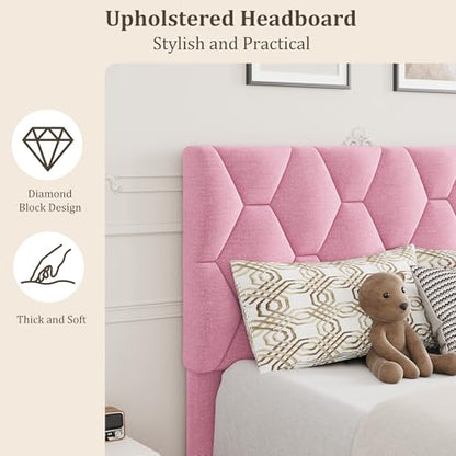 GAOMON Pink Twin XL Bed Frame with Upholstered Headboard, Heavy-Duty Platform Bed Frame with Strong Wood Slats, No Box Spring Needed/Noise Free/Easy Assembly - color: Pink, size: Twin XL