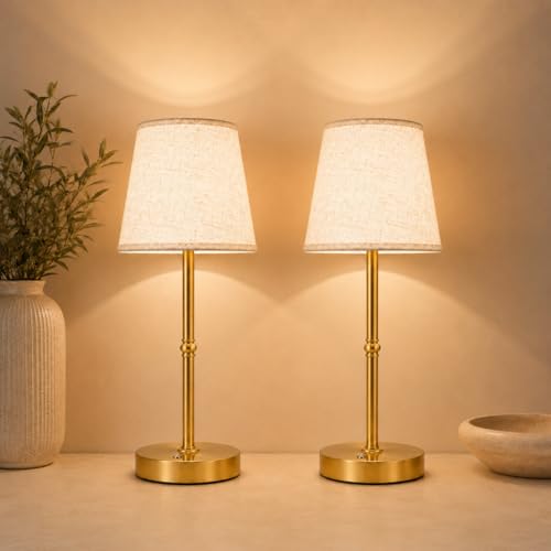 Cordless Table Lamp Rechargeable, 6000mAh Battery Operated LED Lamp with USB-C, Touch Control Stepless Dimmable Small Gold Fabric Lamp for Kitchen Counter, Small Spaces, Bedroom, Living Room 2PCS - color: Gold, size: 2 Pcs