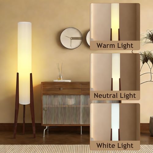 Wabi-Sabi 50" Wood Tripod Floor Lamp with Paper Lantern Inspired | Tall Linen Fabric Shade, E26 3-Color Temperatures Bulb Included, Foot Switch, Walnut Finish For Living Room, Bedroom, Office - color: Walnut