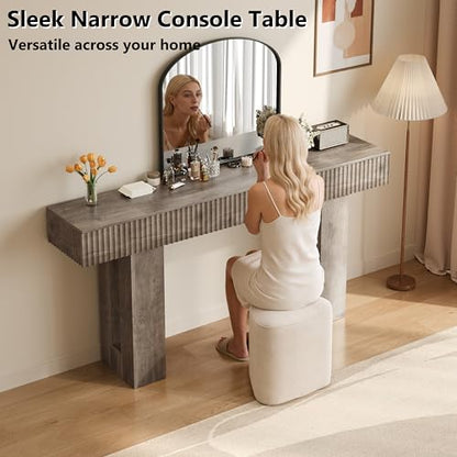 63-Inch Long Entryway Console Table with a Fluted Design, Thick Wood Farmhouse Sofa Table Behind Couch, Narrow Hallway Accent Table for Living Room, Foyer, Entrance,Grey - color: Grey, size: 63 Inch