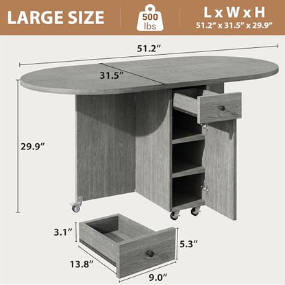 Jocoevol Round Folding Dining Table for 6, Space Saving Drop Leaf Kitchen Table with Storage Drawer, 6 Wheels Oval Gateleg Foldable Dining Table for Small Spaces (Grey, 51" x 31.5" x 30") - color: Grey