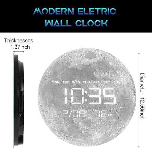Digital Wall Clock, LED Moon/Earth Design, Temperature Display, 7.87 x 7.87 inches (Moon, 12.59 INCH) - color: Moon, size: 12.59 INCH