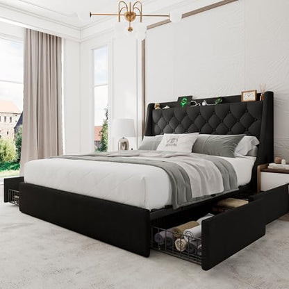 Einhomn Queen Bed Frame with 4 Storage Drawers, Upholstered Modern Bed Frame with Wingback Headboard, Charging Station, No Box Spring Needed, Easy Assembly, Black - color: Black, size: Queen