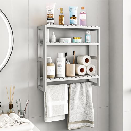 Galood Over The Toilet Storage Bathroom Shelves Wall Mounted 3 Tier White | Space Saver Corner Shelf Organizer Bamboo Towel Rack Toilet Paper Cabinet with Hanging Rod - color: White 1pack, size: Standard