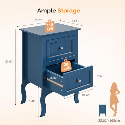 Bonnlo Blue Nightstand Set of 2, Blue Night Stands with Drawers for Bedroom, Kids Room, Living Room, Wood, 15.75" W x 11.8" D x 23.6" H - color: Navy Blue