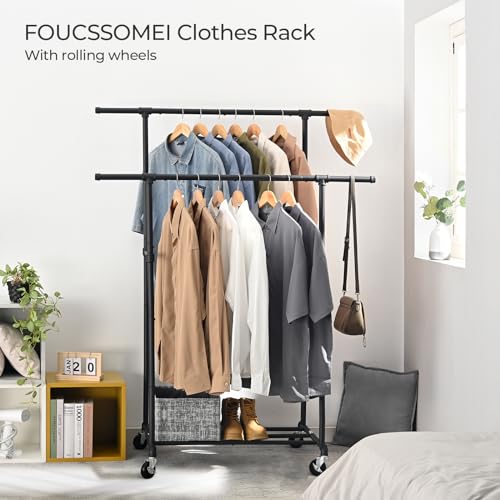 FOUCSSOMEI Heavy Duty Clothes Rack, Rolling Clothing Rack, Garment Rack with Wheels, Double Rod, Max 400Lbs, Black - size: Double Rod