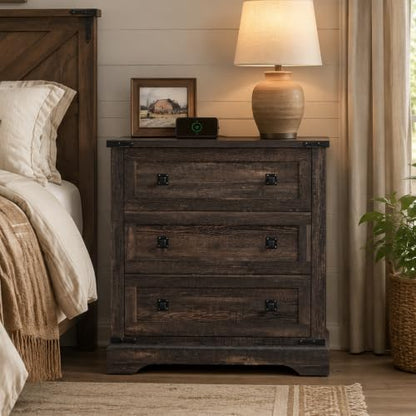 T4TREAM 32" Farmhouse 3 Drawer Dressers, Large End Table w/Charging Station | Rustic Wood Bedside Table for Bedroom, Living Room, Hallway, Dark Rustic Oak - color: Dark Rustic Oak, size: 15.8"D x 32"W x 32"H (3 Drawers)
