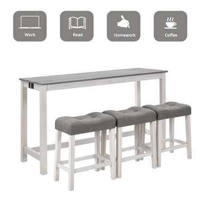 59" Dining Bar Table Set with Power Outlet, Behind Couch Sofa Table with 3 Padded Stools, 4 Piece Bar Table and Chairs Set for Living Room, Dining Room, Gray - color: R1-light Gray