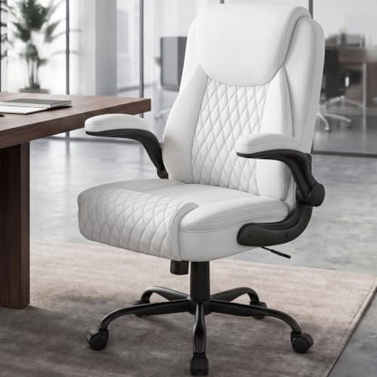 GTPOFFICE Executive Office Chair with Comfortable Lumbar Support, Ergonomic Gaming Chair with Flip-up Armrests & Zoned Pressure-Relief Cushion, Comfy PU Leather Desk Chair, White - color: White