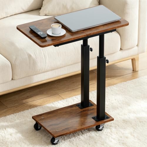 AOODA 22''W TV Tray Table with Wheels Adjustable Height, C Shaped End Tables Living Room, Rolling Couch Side Table with Storage for Sofa, Bed, Recliner (Rustic Brown) - color: Brown