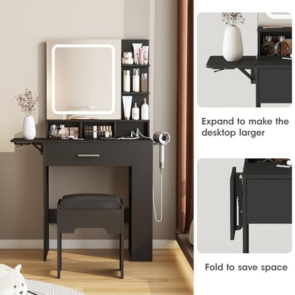Fameill Vanity Desk with Mirror and Lights, Small Makeup Vanity | with Drawer & Storage Shelves, Black Dresser Table with Charging Station & Time Display, Vanity Set with Chair, for Bedroom