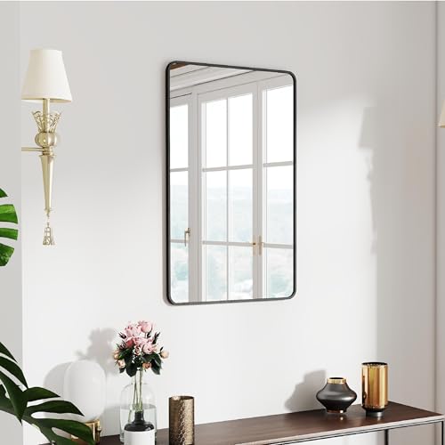 30x20 Bathroom Mirror Rect Wall Mounted Aluminum Metal Frame Black | HD Crystal Clear Tempered Glass,Make-Up Vanity Mirrors for Bedroom,Entryway,Living Room,Horizontally or Vertically - color: Black, size: 30"L x 20"W